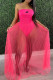 Rose Red Fashion Street Solid Patchwork See-through Strapless Princess Dresses