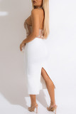 White Fashion Sexy Patchwork Backless Slit Beading Halter Sleeveless Dress