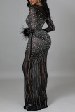 Black Fashion Sexy Patchwork Hot Drilling See-through O Neck Evening Dress