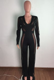Black Fashion Sexy Patchwork See-through V Neck Regular Jumpsuits