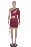 Red Fashion Sexy Solid Hollowed Out Draw String Oblique Collar Sleeveless Dress Dresses