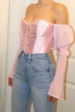 White One word collar Long Sleeve Patchwork Solid backless Tops