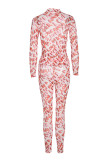 Pink Fashion Sexy Letter Print See-through Turtleneck Long Sleeve Two Pieces