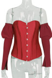 White One word collar Long Sleeve Patchwork Solid backless Tops