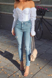White One word collar Long Sleeve Patchwork Solid backless Tops