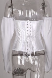White One word collar Long Sleeve Patchwork Solid backless Tops