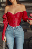 White One word collar Long Sleeve Patchwork Solid backless Tops