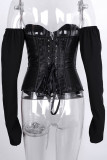White One word collar Long Sleeve Patchwork Solid backless Tops