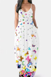 Blue Sexy Casual Butterfly Print Backless Spaghetti Strap Sleeveless Dress