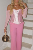 White One word collar Long Sleeve Patchwork Solid backless Tops
