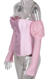 White One word collar Long Sleeve Patchwork Solid backless Tops