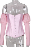 White One word collar Long Sleeve Patchwork Solid backless Tops