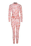 Pink Fashion Sexy Letter Print See-through Turtleneck Long Sleeve Two Pieces