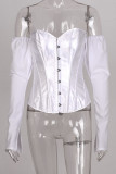 White One word collar Long Sleeve Patchwork Solid backless Tops