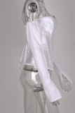 White One word collar Long Sleeve Patchwork Solid backless Tops