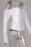 White One word collar Long Sleeve Patchwork Solid backless Tops