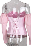 White One word collar Long Sleeve Patchwork Solid backless Tops