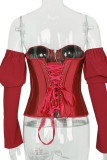 White One word collar Long Sleeve Patchwork Solid backless Tops