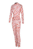 Pink Fashion Sexy Letter Print See-through Turtleneck Long Sleeve Two Pieces