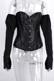 White One word collar Long Sleeve Patchwork Solid backless Tops