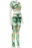 Green Fashion Sexy Print See-through O Neck Short Sleeve Two Pieces