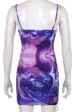 Purple Fashion Sexy Print Draw String Frenulum V Neck Sling Dress