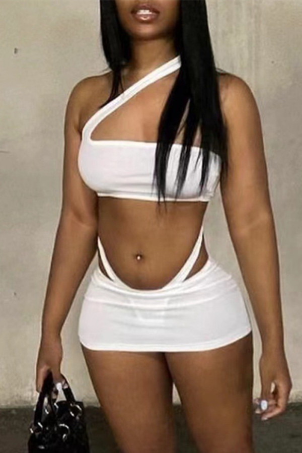 White Fashion Sexy Solid Backless Strapless Sleeveless Two Pieces