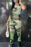 Green Fashion Sexy Print See-through O Neck Short Sleeve Two Pieces