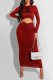 Burgundy Fashion Sexy Letter Fold O Neck One Step Skirt Dresses