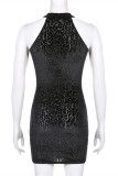 Black Fashion Sexy Print Basic Half A Turtleneck Sleeveless Dress