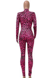 Rose Red Sexy Print Leopard Split Joint Half A Turtleneck Regular Jumpsuits