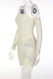 Apricot Fashion Sexy Solid Draw String Backless Fold Off the Shoulder Long Sleeve Dresses