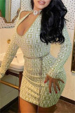 Multicolor Fashion Sexy Print Hollowed Out U Neck Long Sleeve Dresses