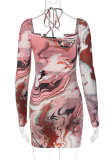 Colour Fashion Sexy Print Bandage Hollowed Out Backless Square Collar Long Sleeve Dresses