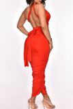 Tangerine Red Sexy Solid Split Joint Frenulum Fold Asymmetrical One Step Skirt Dresses