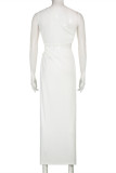 White Fashion Sexy Solid Hollowed Out Slit One Shoulder Long Dress Dresses