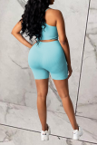 Sky Blue Sexy Solid Split Joint Spaghetti Strap Sleeveless Two Pieces