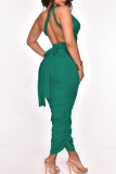 Green Sexy Solid Split Joint Frenulum Fold Asymmetrical One Step Skirt Dresses