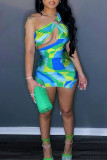 Multicolor Fashion Sexy Print Hollowed Out Backless One Shoulder Sleeveless Dress