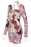 Colour Fashion Sexy Print Bandage Hollowed Out Backless Square Collar Long Sleeve Dresses