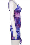 Purple Fashion Sexy Print Draw String Frenulum V Neck Sling Dress