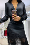 Black Fashion Casual Solid Lace Patchwork V Neck Long Sleeve Dresses