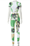 Green Fashion Sexy Print See-through O Neck Short Sleeve Two Pieces