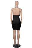 Black Fashion Sexy Solid Backless Fold Halter Sleeveless Dress