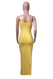 Yellow Fashion Sexy Solid Backless Spaghetti Strap Long Dress