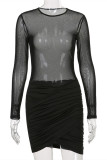 Apricot Fashion Sexy Patchwork See-through O Neck Long Sleeve Dresses