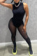 Black Fashion Sexy Solid Patchwork See-through Turtleneck Sleeveless Two Pieces
