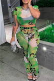Green Fashion Sexy Print See-through O Neck Short Sleeve Two Pieces