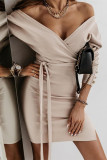 Khaki Fashion Sexy Solid Frenulum Backless Slit V Neck Long Sleeve Dresses