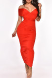 Tangerine Red Sexy Solid Patchwork Frenulum Fold Asymmetrical One Step Skirt Dresses